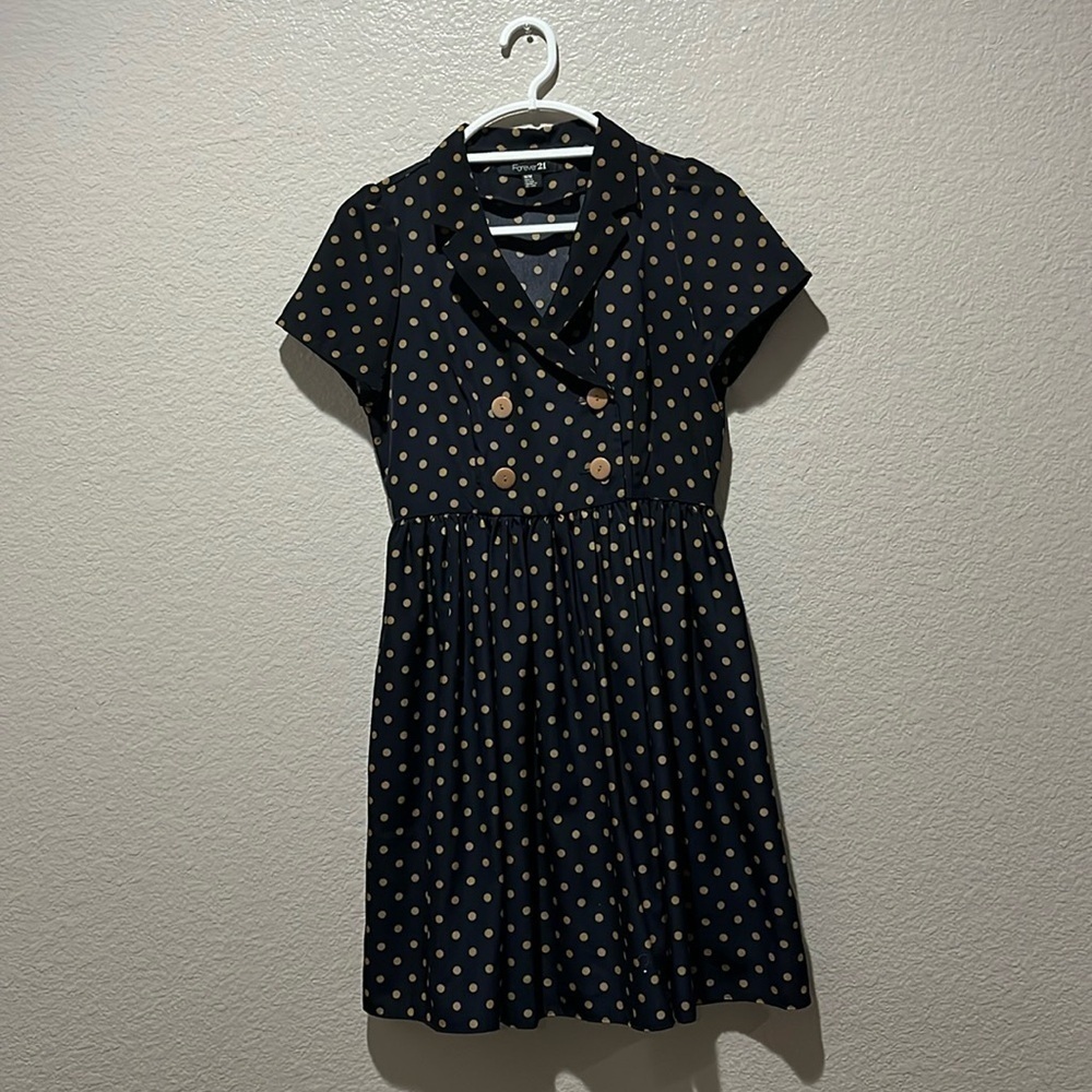 Forever 21 Polka Dot Dress Rockabilly Pinup Secretary Navy Blue Tan Sz M TC0598
